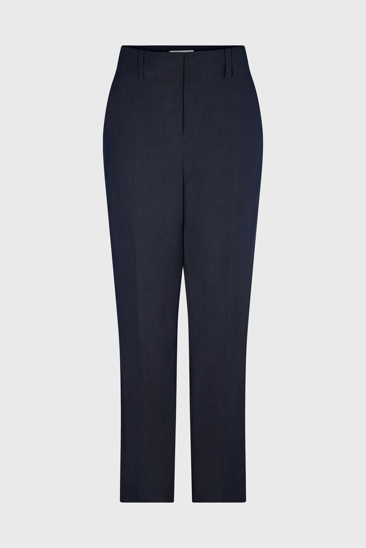 Navy blue tailored dress pants with belt loops, front crease, and a straight-leg fit, displayed against a plain white background.