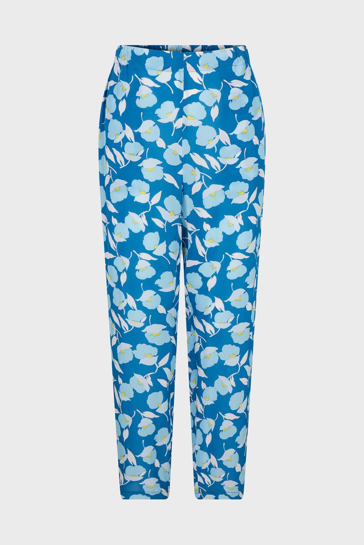 Blue pants with an elastic waistband, featuring a white and yellow floral print pattern, displayed on a plain light background.