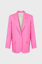 Bright pink womens blazer with two buttons, notched lapels, and two front pockets, displayed against a plain white background.
