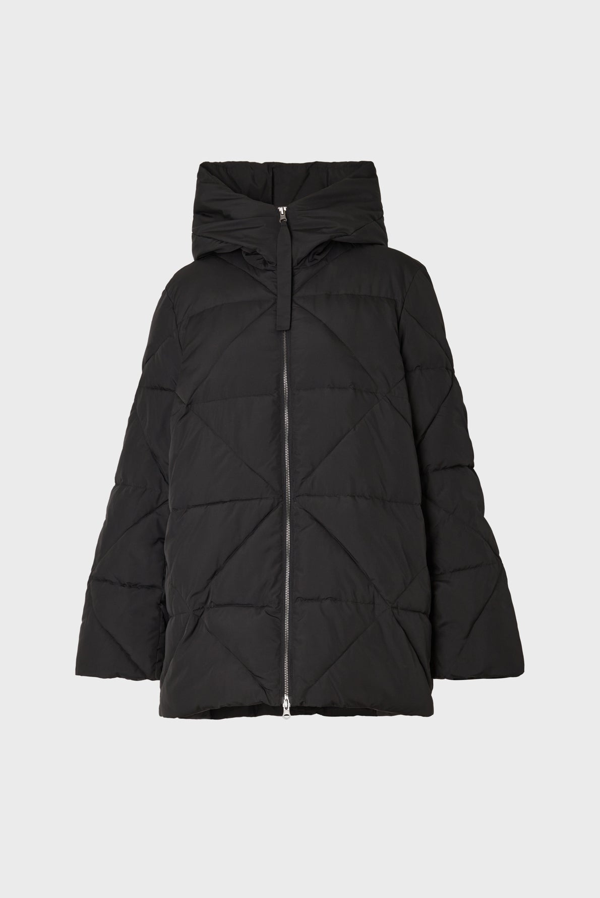 Black doudoune matelassée with a front zipper and hood, displayed against a plain white background. This jacket features a quilted pattern and a slightly oversized fit for a modern, comfortable look.