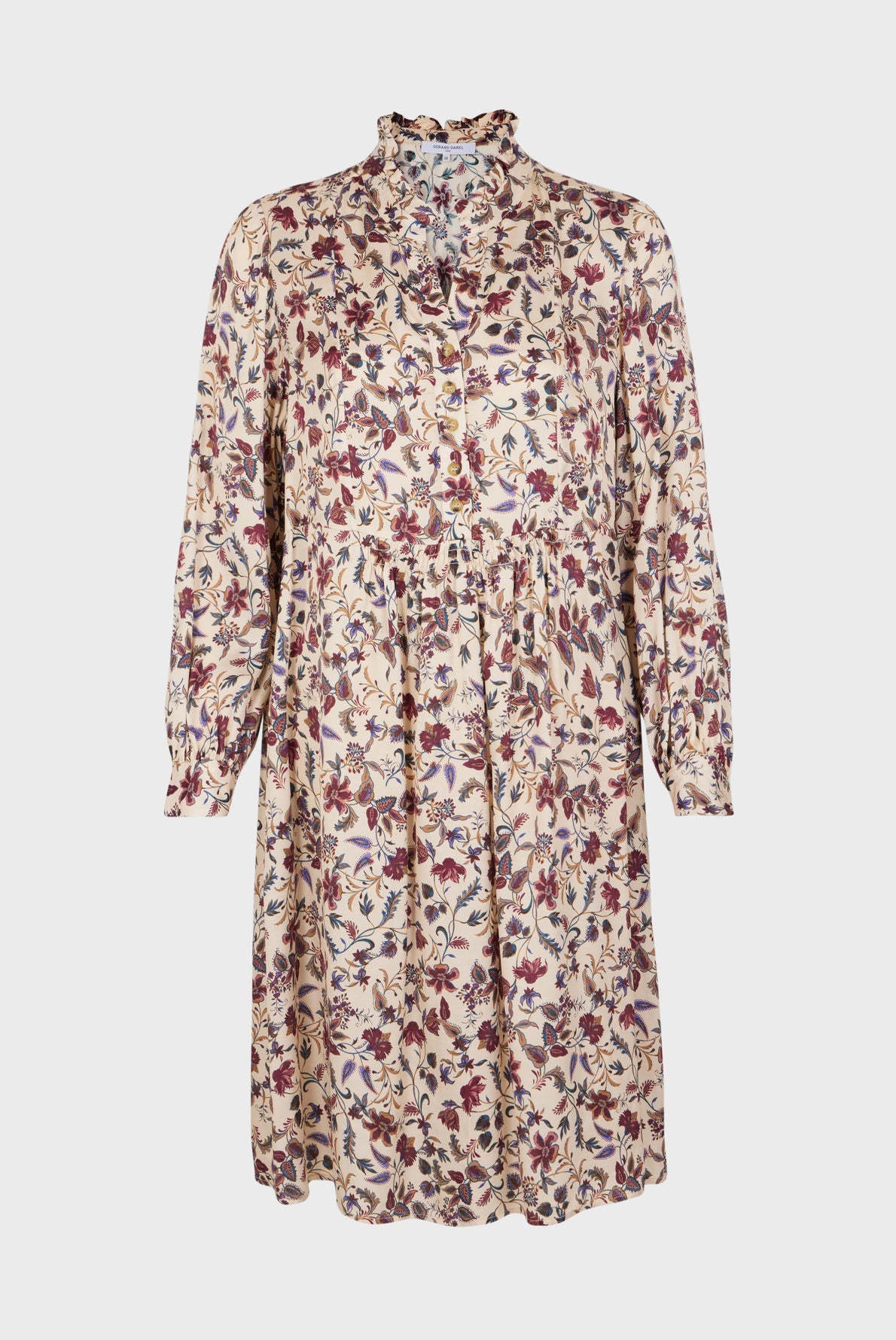 Long-sleeved, knee-length floral dress with a ruffled neckline and buttoned front, featuring a pattern of red, purple, and green flowers on a cream background.