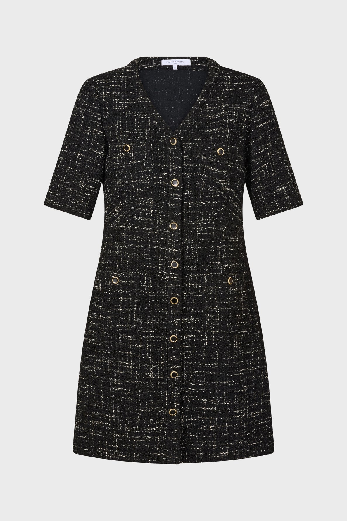 Short-sleeve black dress with a textured pattern, V-neckline, front buttons, and gold-tone grommet details. The dress has a tailored, structured fit and falls above the knees.