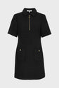 Short-sleeve black textured dress with a collar, gold zip at the front, and two front pockets with gold buttons, displayed on a plain white background.