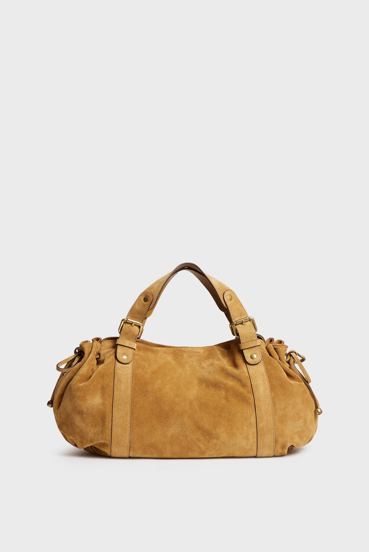 Tan suede handbag with two short handles, gold hardware, and side drawstring details in luxurious cuir velours—this sac à main Darel is displayed against a plain white background.