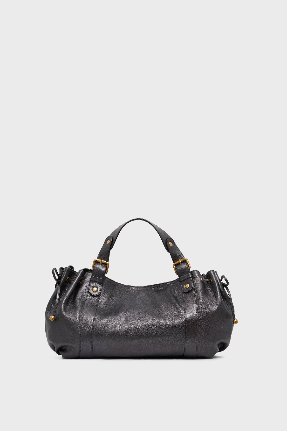 A black leather sac à main with two short handles, gold hardware accents, and a rounded, structured shape, set against a plain light gray background—a timeless piece that perfectly showcases the elegance of maroquinerie Darel.