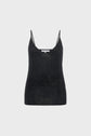 Sheer black ribbed débardeur femme with thin spaghetti straps displayed on a plain white background.