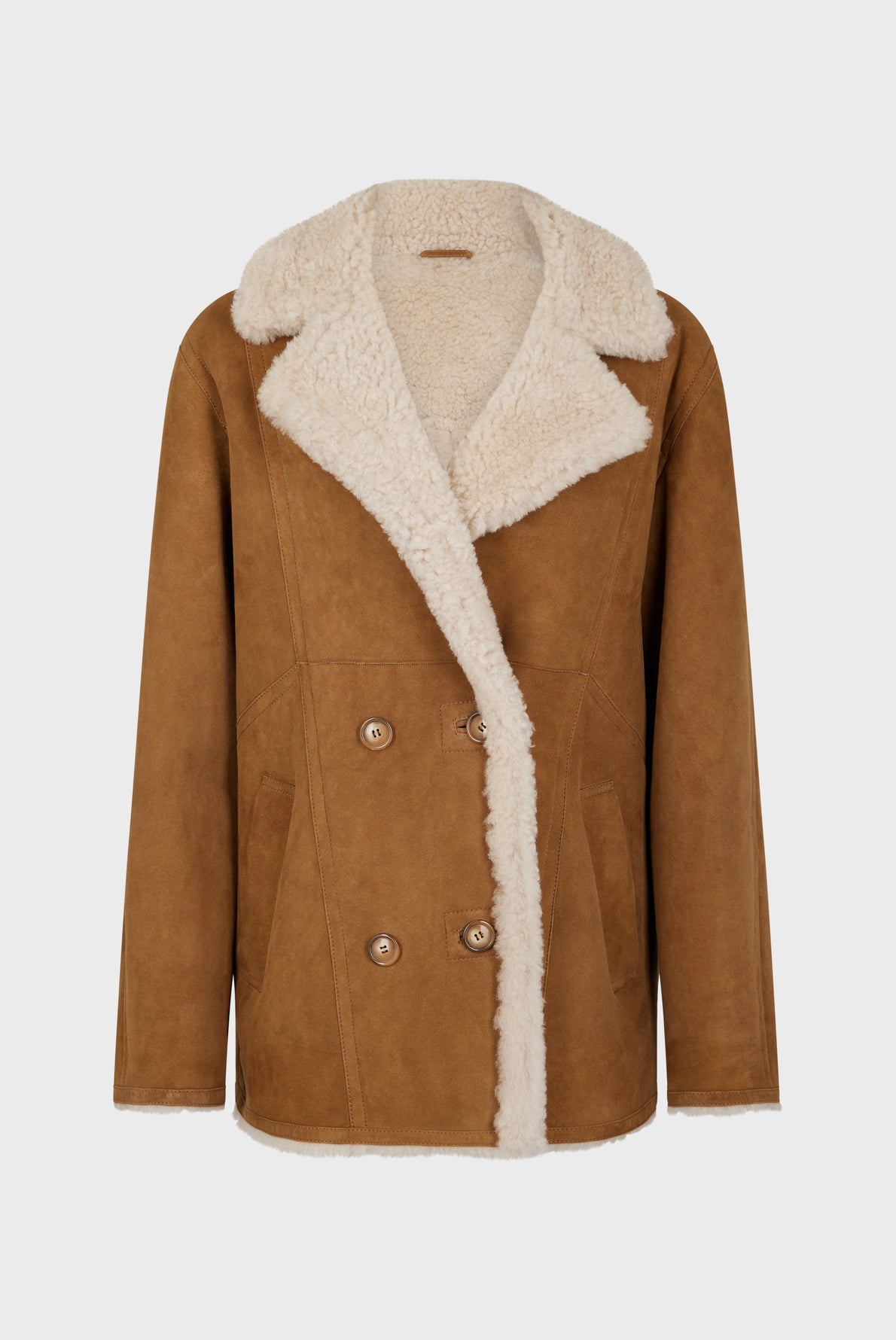 Brown suede jacket crafted in cuir velours with a wide off-white sherpa collar and lining, double-breasted front with four buttons, and two front pockets. This manteau court is displayed against a plain light background.