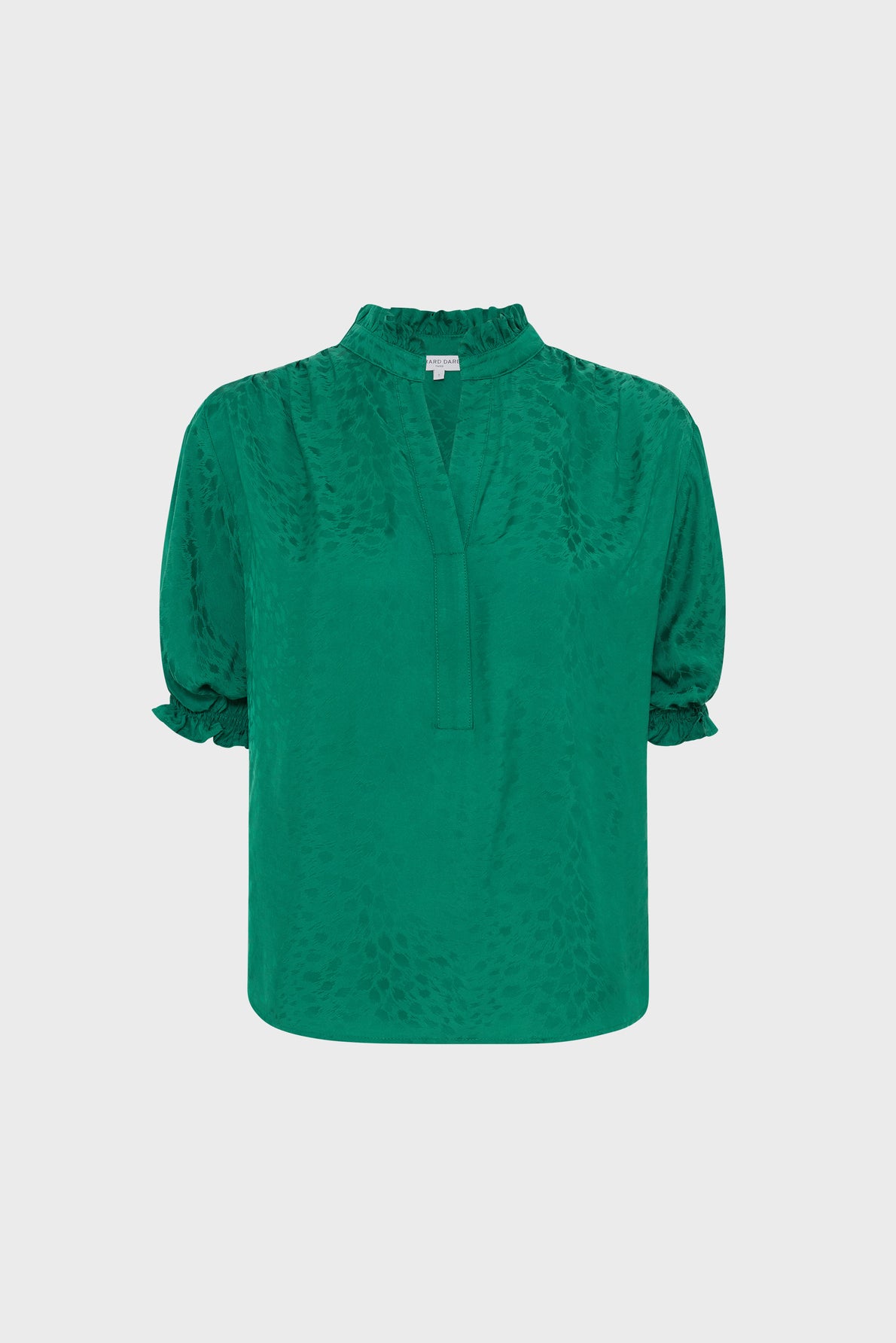 A green, short-sleeve blouse with a subtle textured pattern, ruffled collar, and ruffled sleeve hems, displayed on a plain white background.