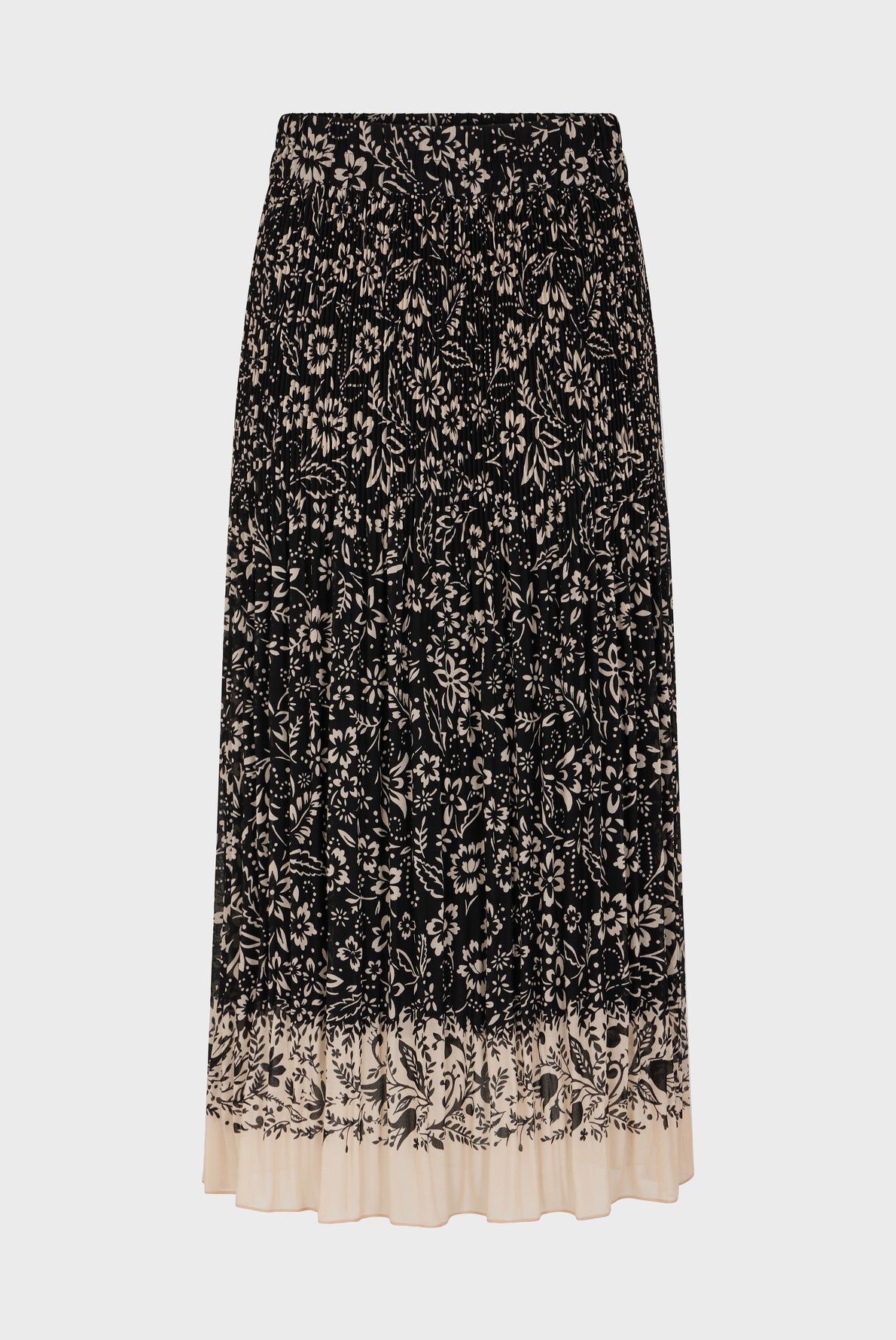 A black jupe midi plissée featuring a white motif floral pattern and a cream-colored hem, crafted from lightweight crêpe georgette and displayed against a plain white background.