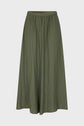 An olive green, A-line midi skirt with a loose fit and an elastic waistband in a chic kaki tendance shade, displayed on a plain light gray background.