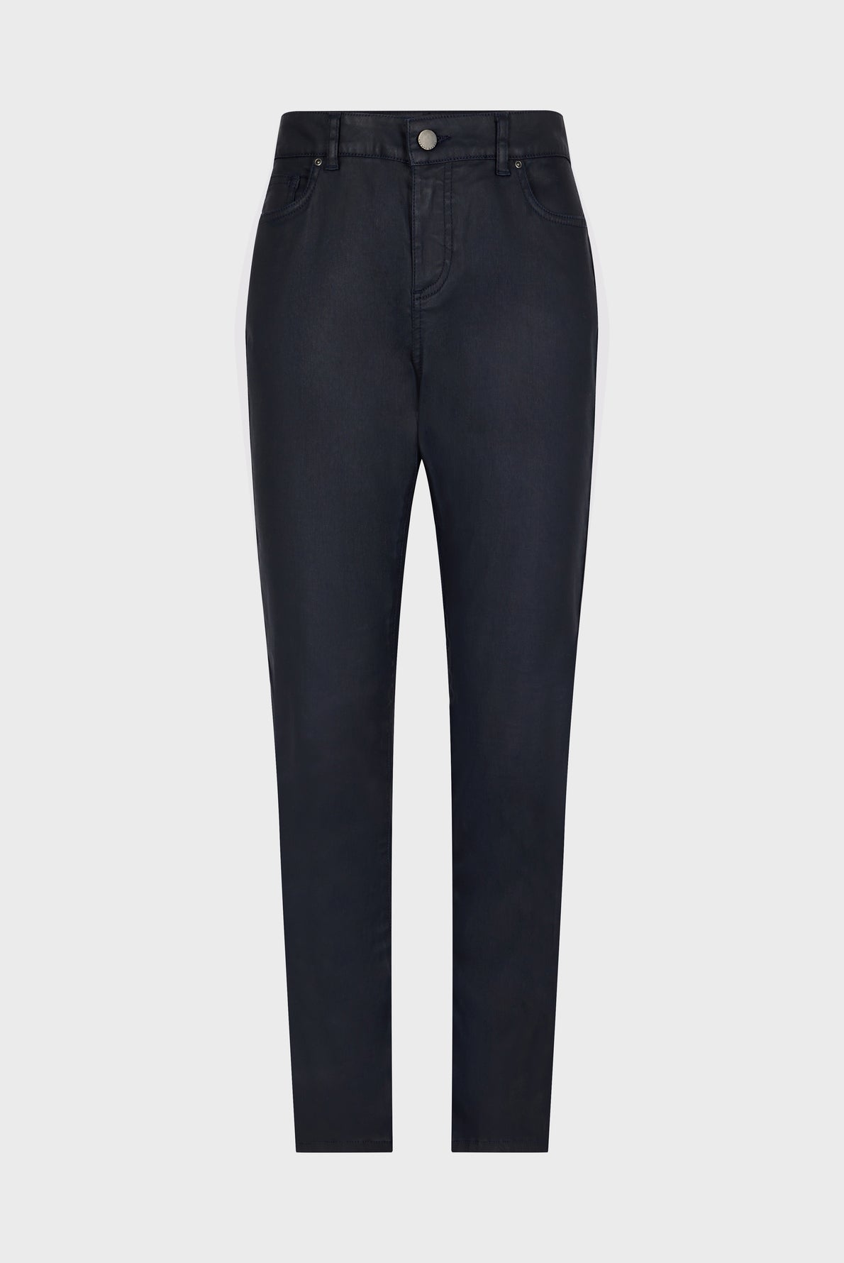 Dark blue denim jeans with a slim fit, front button and zipper closure, and five pockets, displayed against a plain white background.