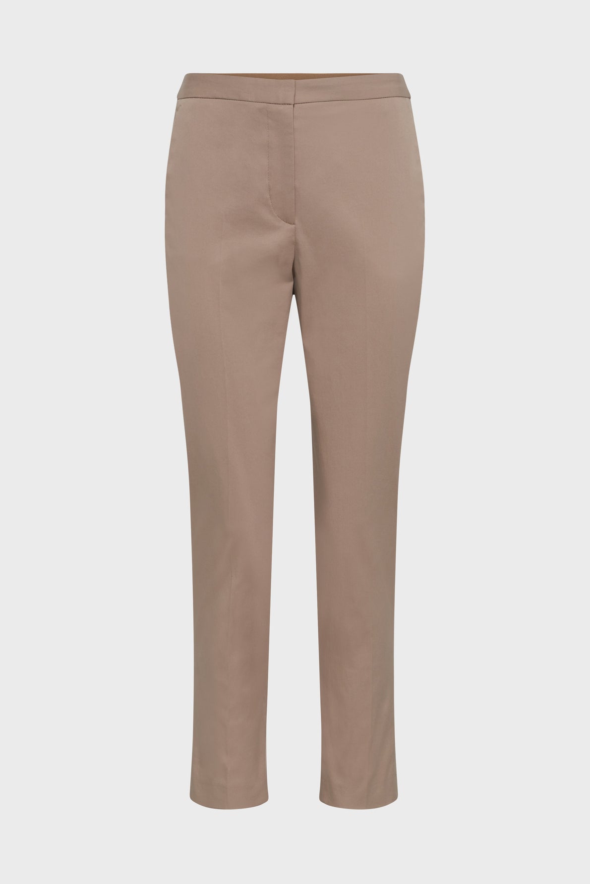 Beige ankle-length dress pants with a slim fit, flat front, and no visible pockets, displayed against a plain white background.