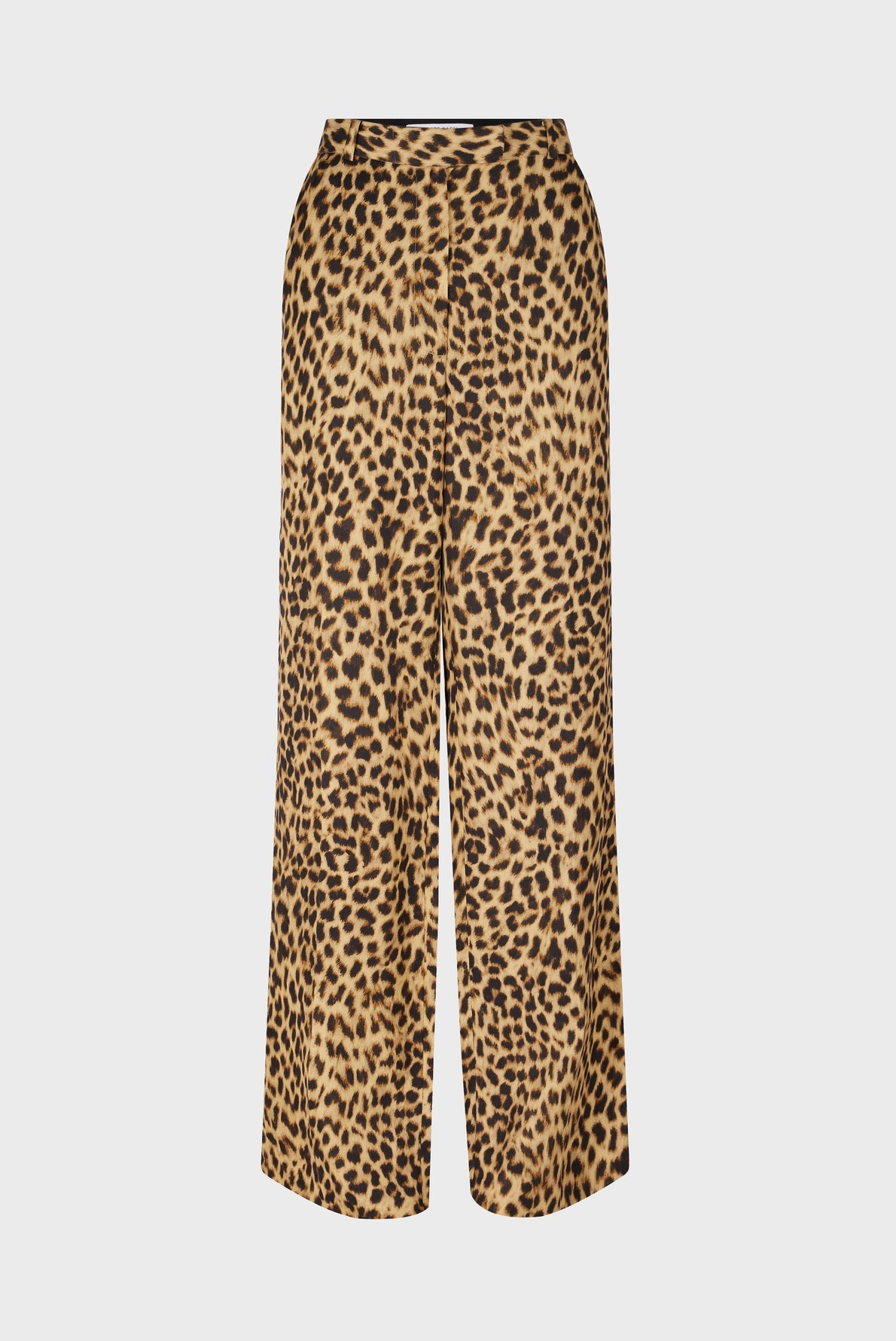 Wide-leg, high-waisted pants with an all-over leopard print pattern, displayed against a plain white background.