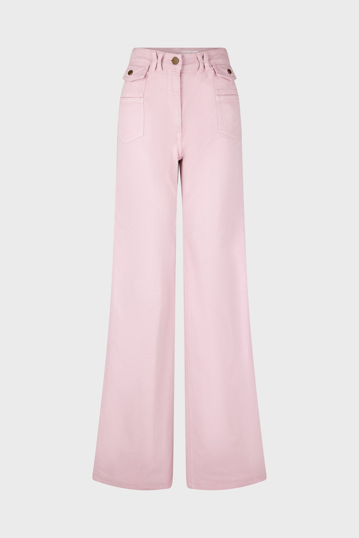 Light pink high-waisted wide-leg jeans with front patch pockets, button and zip closure, shown against a plain white background.