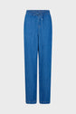 Blue denim pants with a drawstring waist, straight legs, and no visible pockets, displayed against a plain light gray background.