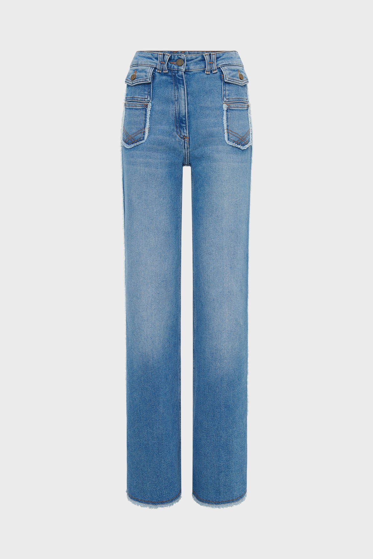 High-waisted blue jeans with wide legs, front buttons, and large pockets. The hem and seams have a slightly frayed, distressed look. The jeans are shown against a plain white background.