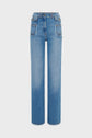 High-waisted blue jeans with wide legs, front buttons, and large pockets. The hem and seams have a slightly frayed, distressed look. The jeans are shown against a plain white background.