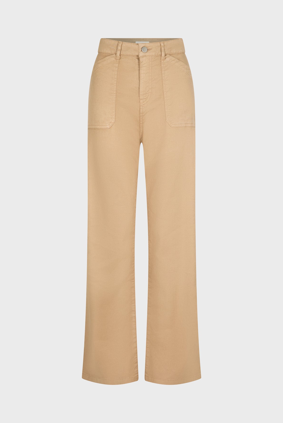 Beige high-waisted, wide-leg pants with front patch pockets and a button closure, displayed on a plain white background.