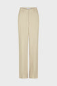 Beige, high-waisted, straight-leg pantalon tailleur femme with belt loops and a concealed front closure, displayed on a plain white background.