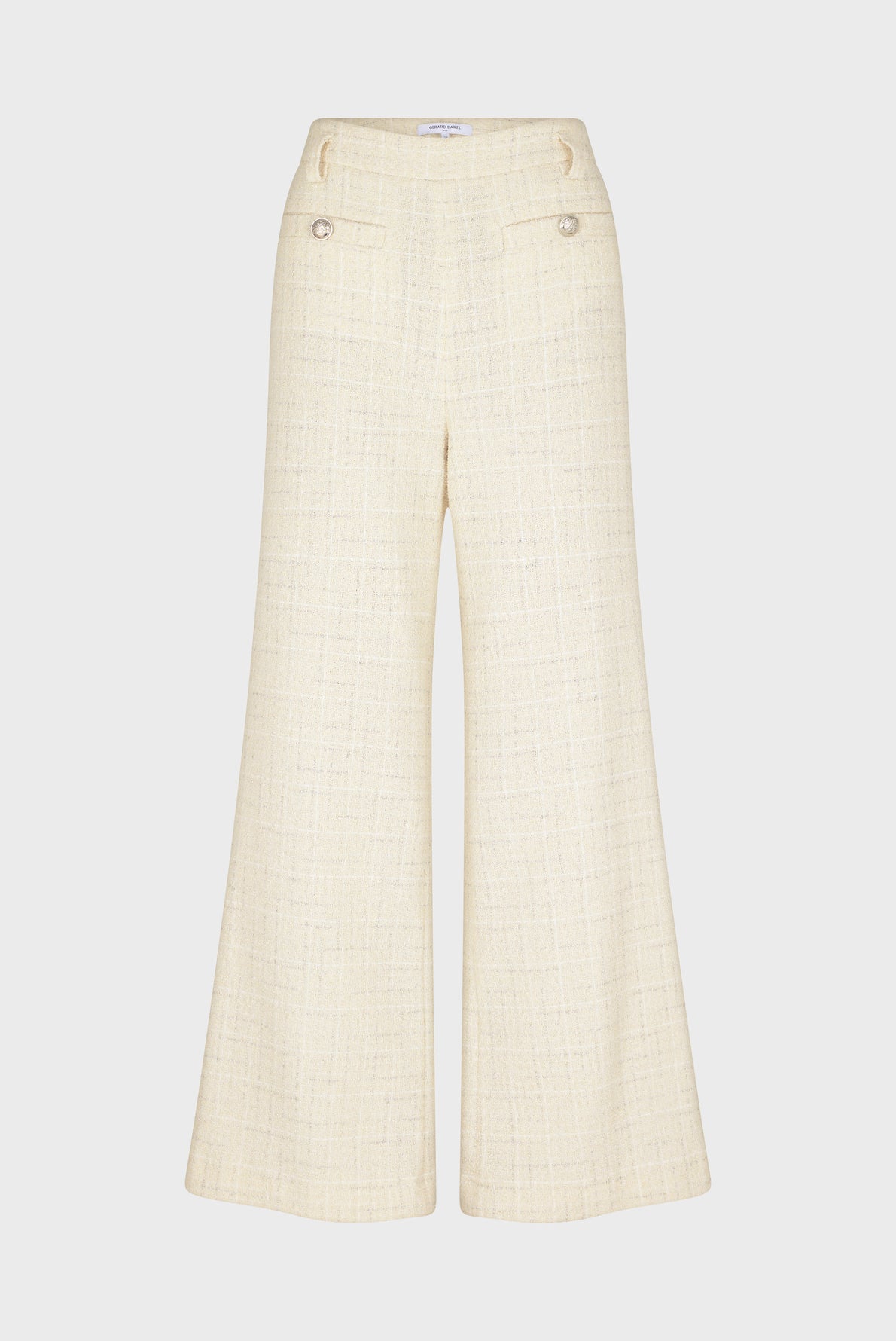 Wide-leg cream-colored pants with a subtle plaid pattern, featuring two decorative buttons at the waist and slightly flared legs, displayed against a plain white background.
