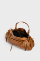 A brown cuir délicat sac à main with gold zipper details, open to reveal a black interior lining and inner zip pocket, displayed on a plain light background.