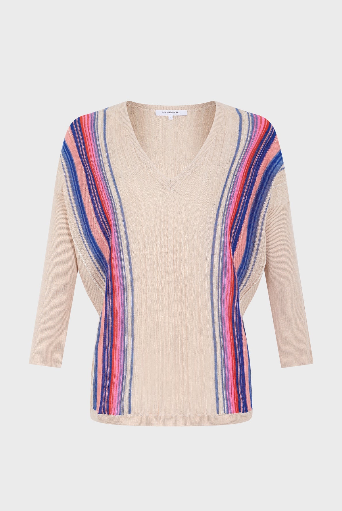 Beige knit sweater with a V-neck and three-quarter sleeves, featuring vertical stripes in pink, red, blue, and purple along both sides and sleeves.