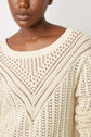 A person wearing a cream-colored, loose-knit sweater with a V-pattern and a wide, round neckline against a plain light background.