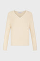 Cream-colored, long-sleeve knit sweater with a V-neckline and subtle ribbed detailing, displayed on a plain white background.