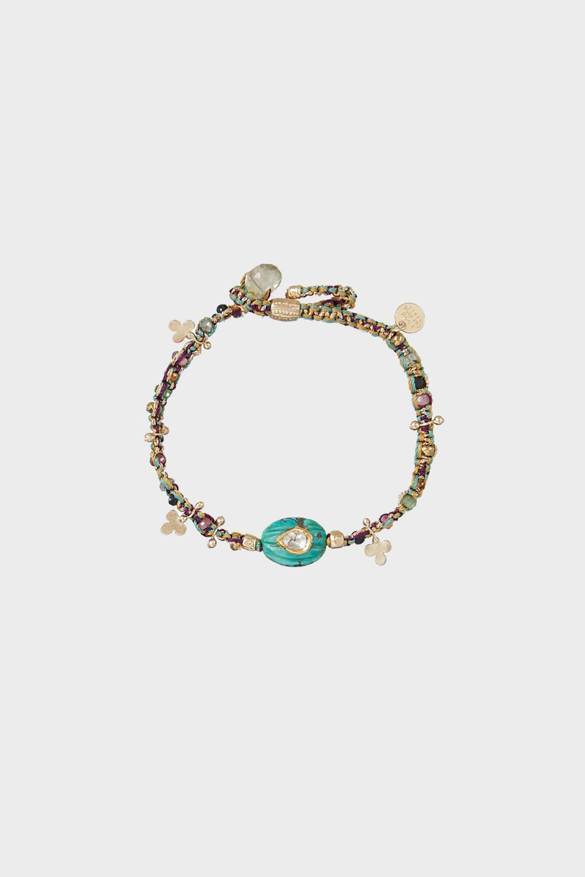 Beaded bracelet with multicolored beads, gold accents, and a large green oval bead as the centerpiece—evoking the elegance of a bracelet argent plaqué or—displayed on a white background.