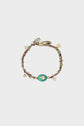 Beaded bracelet with multicolored beads, gold accents, and a large green oval bead as the centerpiece—evoking the elegance of a bracelet argent plaqué or—displayed on a white background.
